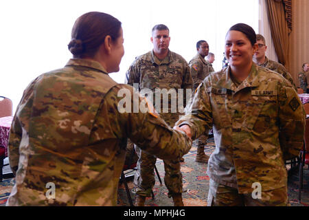 U.S. Army Command Sgt. Maj. Sheryl Lyon (left), the U.S. Army Europe senior enlisted advisor, shakes hands with a chaplain assistant (right), assigned to the 44th Expeditionary Signal Battalion, 2nd Signal Brigade, during the Operational Religious Support Leadership Training (ORSLT), at the Edelweiss Lodge and Resort in Garmisch, Germany, March 16, 2017. U.S. Army Europe’s ORSLT is an annual training for U.S. Army chaplains and chaplain assistants, from all over Europe, to work together to provide more religious support to the different units located all over Europe. (U.S. Army Photo by Spc. E Stock Photo