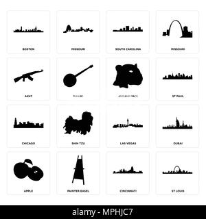 Set Of 16 simple editable icons such as st louis, cincinnati, painter easel, apple, dubai, boston, ak47, chicago, jaguar face can be used for mobile,  Stock Vector