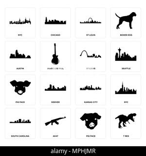 Set Of 16 simple editable icons such as t rex, pig face, ak47, south carolina, nyc, austin, st louis can be used for mobile, web UI Stock Vector