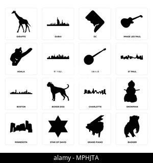 Set Of 16 simple editable icons such as badger, grand piano, star of david, minnesota, snowman, giraffe, koala, boston, banjo can be used for mobile,  Stock Vector