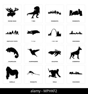 Set Of 16 simple editable icons such as wisconsin, ninja, mosquito, gorilla, doberman, moose head, kentucky state, chameleon, missouri can be used for Stock Vector