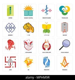 Set Of 16 simple editable icons such as masonic, podiatry, de, jain, focus group, zipper, generic, , buterfly can be used for mobile, web UI Stock Vector