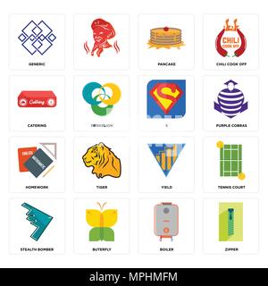 Set Of 16 simple editable icons such as zipper, boiler, buterfly, stealth bomber, tennis court, generic, catering, homework, s can be used for mobile, Stock Vector