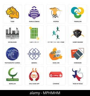 Set Of 16 simple editable icons such as made in texas, catering, chili cook off, bismillah, homework, tiger, established, photography camera, competit Stock Vector