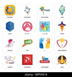 Set Of 16 simple editable icons such as nova, hair dresser, no parking, petshop, breastfeeding, teamspirit, atlas, parlour, pinwheel can be used for m Stock Vector