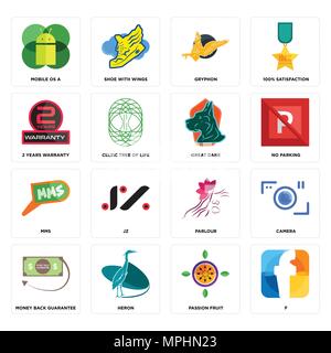 Set Of 16 simple editable icons such as f, passion fruit, heron, money back guarantee, camera, mobile os a, 2 years warranty, mms, great dane can be u Stock Vector