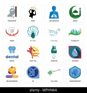 Set Of 16 simple editable icons such as water resistant, call now, er, 3rd anniversary, no water, frustration, pirate, dental, waterfall can be used f Stock Vector