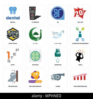 Set Of 16 simple editable icons such as high performance, turbo, 3rd anniversary, frustration, panic, dental, dump truck, step 1, waterfall can be use Stock Vector