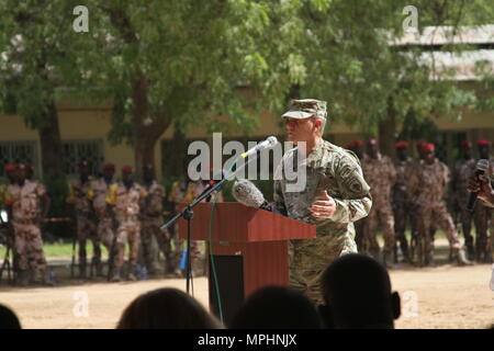 Brig. Gen. Donald Bolduc, commander, Special Operations Command Africa, speaks during the closing ceremony of Flintlock 2017. Flintlock is an annual special operations exercise involving more than 20 nation forces that strengthens security institutions, promotes multinational sharing of information, and develops interoperability among partner nation in North and West Africa. Stock Photo