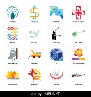 Set Of 16 simple editable icons such as gun shop, pirate, muay thai, participation, 3rd anniversary, goddess, abacus, frustration, symptoms can be use Stock Vector