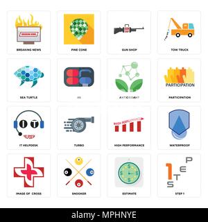 Set Of 16 simple editable icons such as step 1, estimate, snooker, image of  cross, waterproof, breaking news, sea turtle, it helpdesk, antioxidant ca Stock Vector