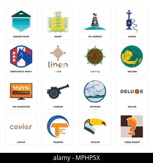 Set Of 16 simple editable icons such as chess knight, toucan, traders, caviar, deluxe, garage door, democratic party, 100 guarantee, sawmill can be us Stock Vector