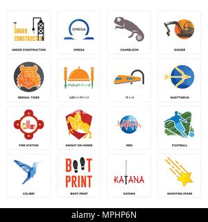 Set Of 16 simple editable icons such as shooting stars, katana, boot print, colibri, football, under construction, bengal tiger, fire station, train c Stock Vector