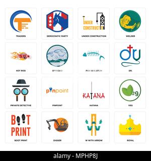 Set Of 16 simple editable icons such as royal, w with arrow, digger, boot print, veg, traders, hot rod, private detective, fish skeleton can be used f Stock Vector