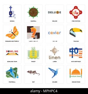 Set Of 16 simple editable icons such as indian food, colibri, rat, football, 40th birthday, shisha, monarch butterfly, bowling team, caviar can be use Stock Vector