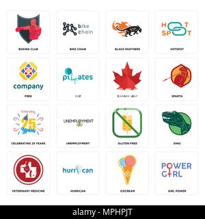 Set Of 16 simple editable icons such as girl power, icecream, hurrican, veterinary medicine, dino, boxing club, free, celebrating 25 years, canada lea Stock Vector