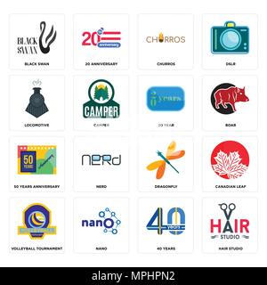 Set Of 16 simple editable icons such as hair studio, 40 years, nano, volleyball tournament, canadian leaf, black swan, locomotive, 50 years anniversar Stock Vector