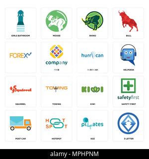 Set Of 16 simple editable icons such as 3 letter, SOZ, hotspot, post car, safety first, girls bathroom, , squirrel, hurrican can be used for mobile, w Stock Vector