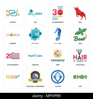 Set Of 16 simple editable icons such as kiwi, 3 letter, volleyball tournament, , hair studio, hotspot, churros, 20 anniversary, sea horse can be used  Stock Vector