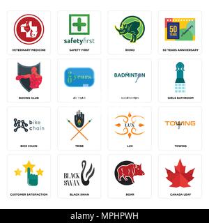 Set Of 16 simple editable icons such as canada leaf, boar, black swan, customer satisfaction, towing, veterinary medicine, boxing club, bike chain, ba Stock Vector