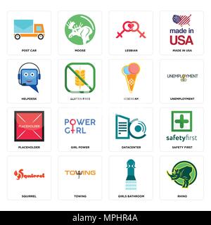 Set Of 16 simple editable icons such as rhino, girls bathroom, towing, squirrel, safety first, post car, helpdesk, placeholder, icecream can be used f Stock Vector