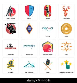 Set Of 16 simple editable icons such as customer satisfaction, tribe, dry cleaning, 70 years, lux, dance studio, , gangster, doctor can be used for mo Stock Vector