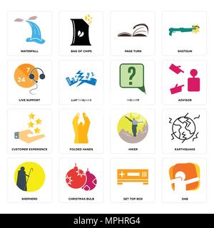 Set Of 16 simple editable icons such as dab, set top box, christmas bulb, shepherd, earthquake, waterfall, live support, customer experience, inquiry  Stock Vector