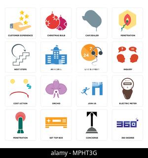 Set Of 16 simple editable icons such as 360 degree, concierge, set top box, penetration, electric meter, customer experience, next steps, cost uction, Stock Vector