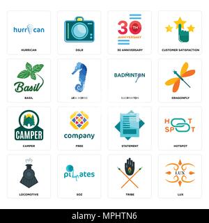 Set Of 16 simple editable icons such as lux, tribe, SOZ, locomotive, hotspot, hurrican, basil, camper, badminton can be used for mobile, web UI Stock Vector