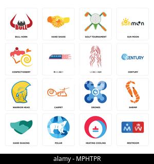 Set Of 16 simple editable icons such as restroom, heating cooling, polar, hand shaking, shrimp, bull horn, confectionery, warrior head, long hair can  Stock Vector