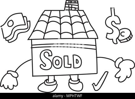Sold Sign house in cartoon handdrawn Stock Vector