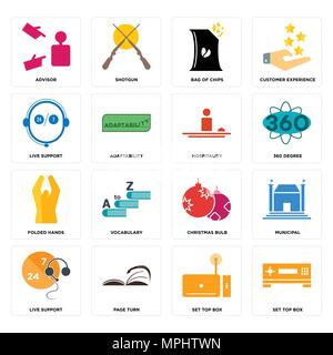 Set Of 16 simple editable icons such as set top box, page turn, live support, municipal, advisor, folded hands, hospitality can be used for mobile, we Stock Vector