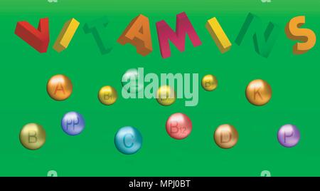 illustration of vitamins and 3D lettering Stock Vector