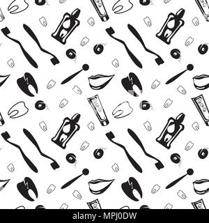 ILLUSTRATION OF THE MOUTHWASH, dental floss, HEALTHY TOOTH, SMILE, DENTAL MIRROR, TOOTHBRUSH AND TOOTHPASTE. SEAMLESS PATTERN. Stock Vector