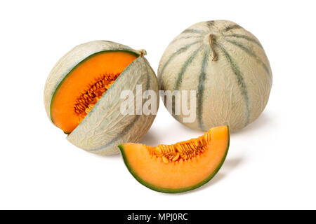 Two cantaloupe melons and one slice isolated on white Stock Photo