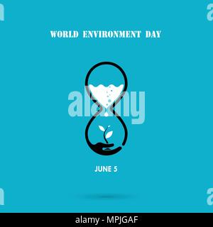 Water drop and sandglass icon with tree icon.World Environment day concept vector logo design template.June 5st World Environment day concept.World En Stock Vector