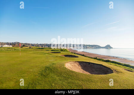 United Kingdom, Channel Islands, Jersey, Gorey, Royal Jersey Golf Course,  Mont Orgueil Castle (Gorey Castle) Stock Photo