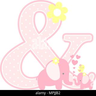 ampersand symbol with cute elephant and little baby elephant isolated on white. can be used for mother's day card, baby girl birth announcements, nurs Stock Vector