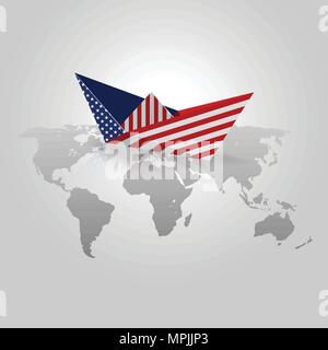 Paper boat with United States Flag. Origami paper with usa flag over world map vectors Stock Vector