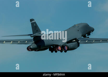 Rockwell B-1B Lancer bomber jet plane of the United States Air Force USAF. Supersonic variable sweep swing wing nuclear bomber. From Dyess AFB Stock Photo
