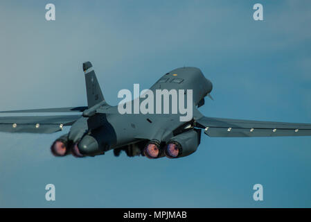 Rockwell B-1B Lancer bomber jet plane of the United States Air Force USAF. Supersonic variable sweep swing wing nuclear bomber. From Dyess AFB Stock Photo