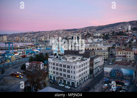 View over the city of Valparaiso during sunset from Paseo 21 de Mayo, Chile. Stock Photo