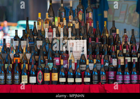 Carlton, Oregon,USA - September 12, 2015:Bottles of wine from local vineyards are displayed for purpuse of raffeling off tickets at the annual wine cr Stock Photo