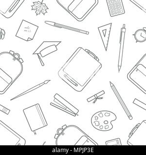 Gray outline stationery random on white background. Seamless pattern background design for school and education in vector illustration. Stock Vector