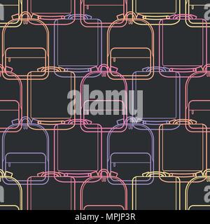 Cute various school bags in neon outline layer on gray background. Seamless pattern background design in vector illustration. Stock Vector
