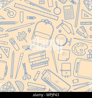 Blue outline stationery random on pastel pink background. Seamless pattern background design for school and education in vector illustration. Stock Vector