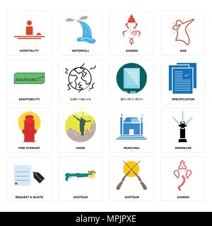 Set Of 16 simple editable icons such as ganesh, shotgun, request a quote, sprinkler, hospitality, adaptability, fire hydrant, specification can be use Stock Vector