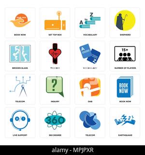 Set Of 16 simple editable icons such as earthquake, telecom, 360 degree, live support, book now, broken glass, vocabulary can be used for mobile, web  Stock Vector