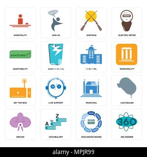 Set Of 16 simple editable icons such as 360 degree, discussion board, vocabulary, orchid, car dealer, hospitality, adaptability, set top box, municipa Stock Vector
