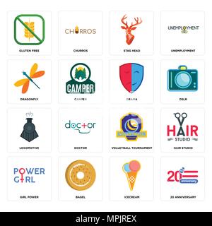 Set Of 16 simple editable icons such as 20 anniversary, icecream, bagel, girl power, hair studio, gluten free, dragonfly, locomotive, drama can be use Stock Vector